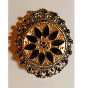 Florenza Mourning Jewelry Black Glass Victorian Style Old Vintage Brooch Pendant